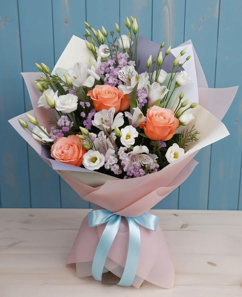 Букет цветов из: Лизиантусы, Розы, Альстромерии и Гипсофила в Динской